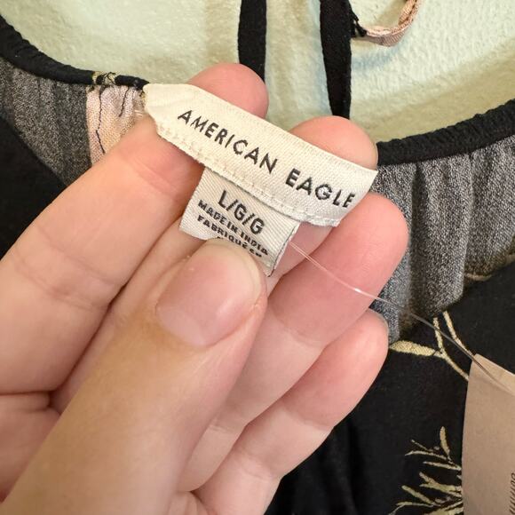 American Eagle Blouse Large Floral Open Back Long Puff Balloon Sleeve Black NWT - Picture 6 of 8